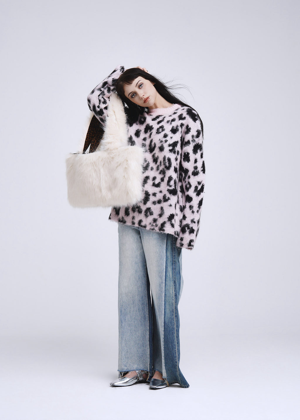 Ivory Faux Fur Tote With Leopard Lining