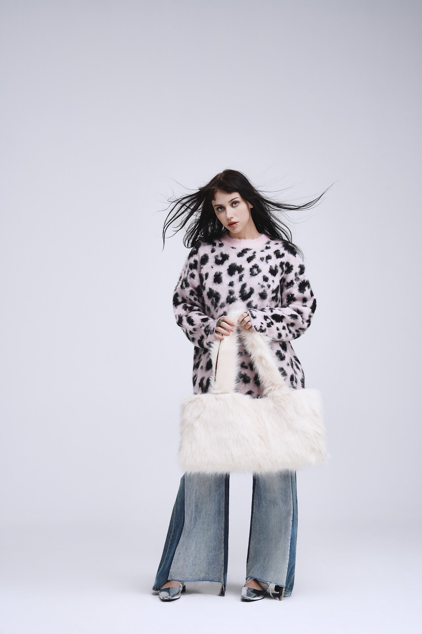 Ivory Faux Fur Tote With Leopard Lining