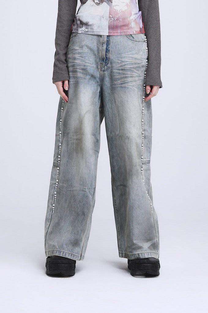 Distressed Pearl-Embellished Pants