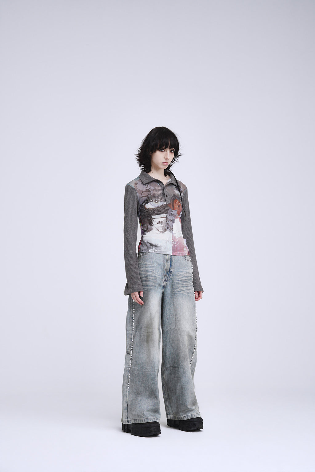 Distressed Pearl-Embellished Pants