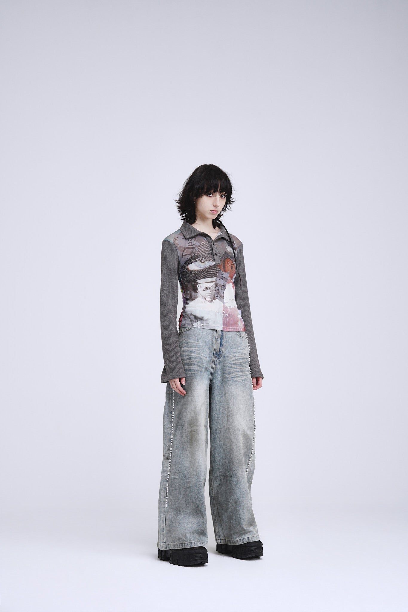 Distressed Pearl-Embellished Pants