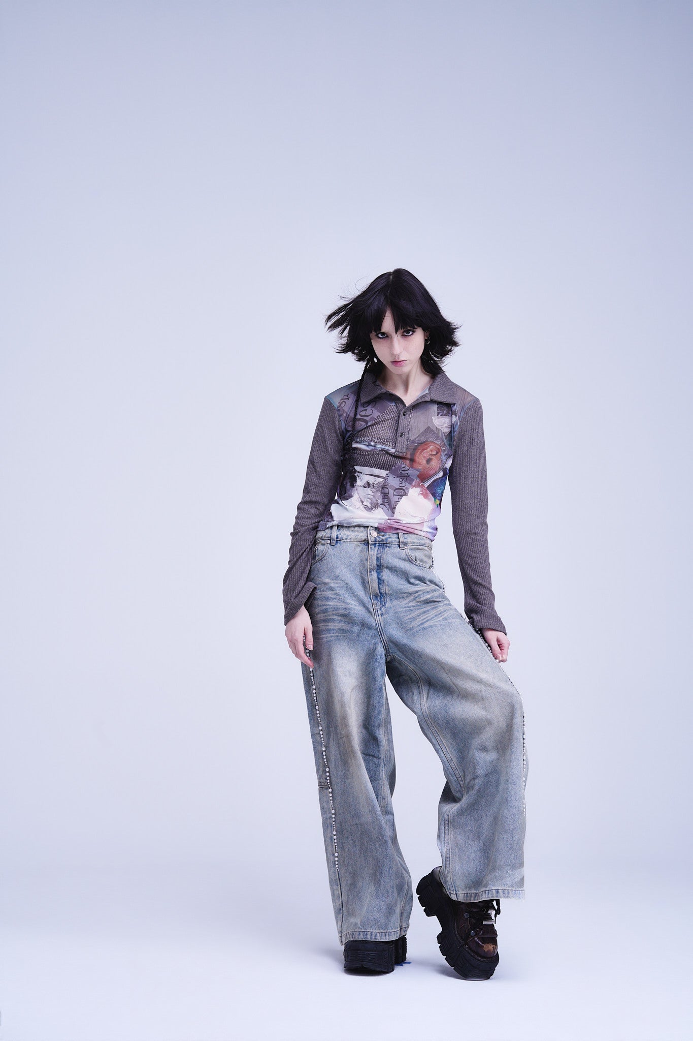 Distressed Pearl-Embellished Pants