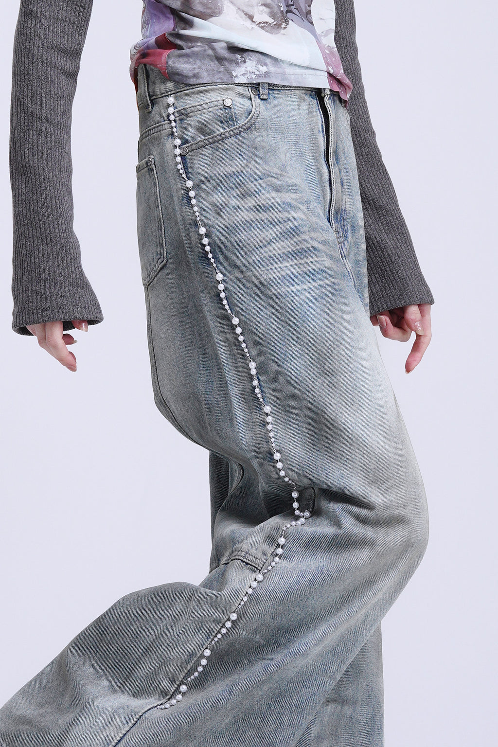 Distressed Pearl-Embellished Pants