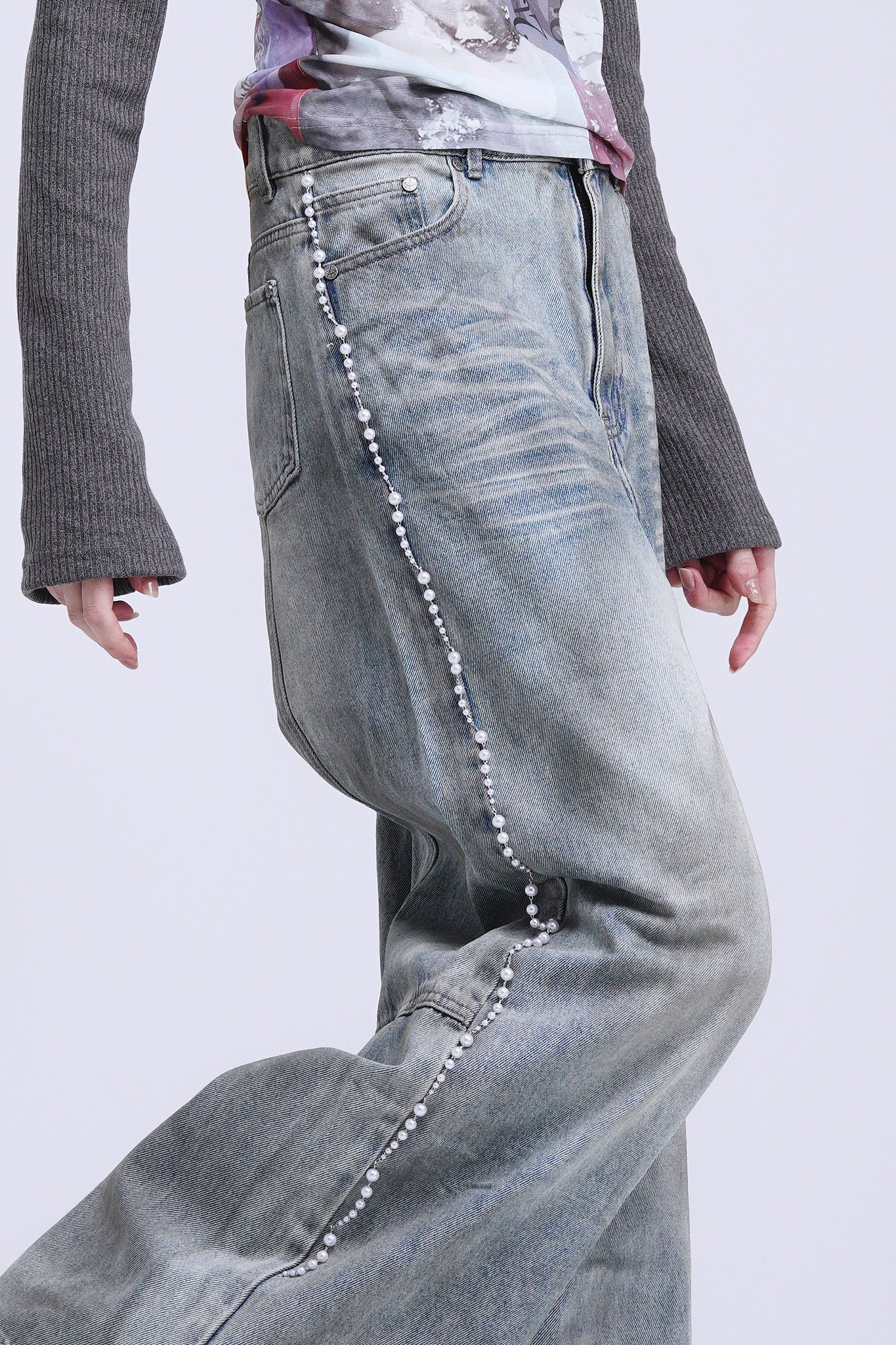 Distressed Pearl-Embellished Pants