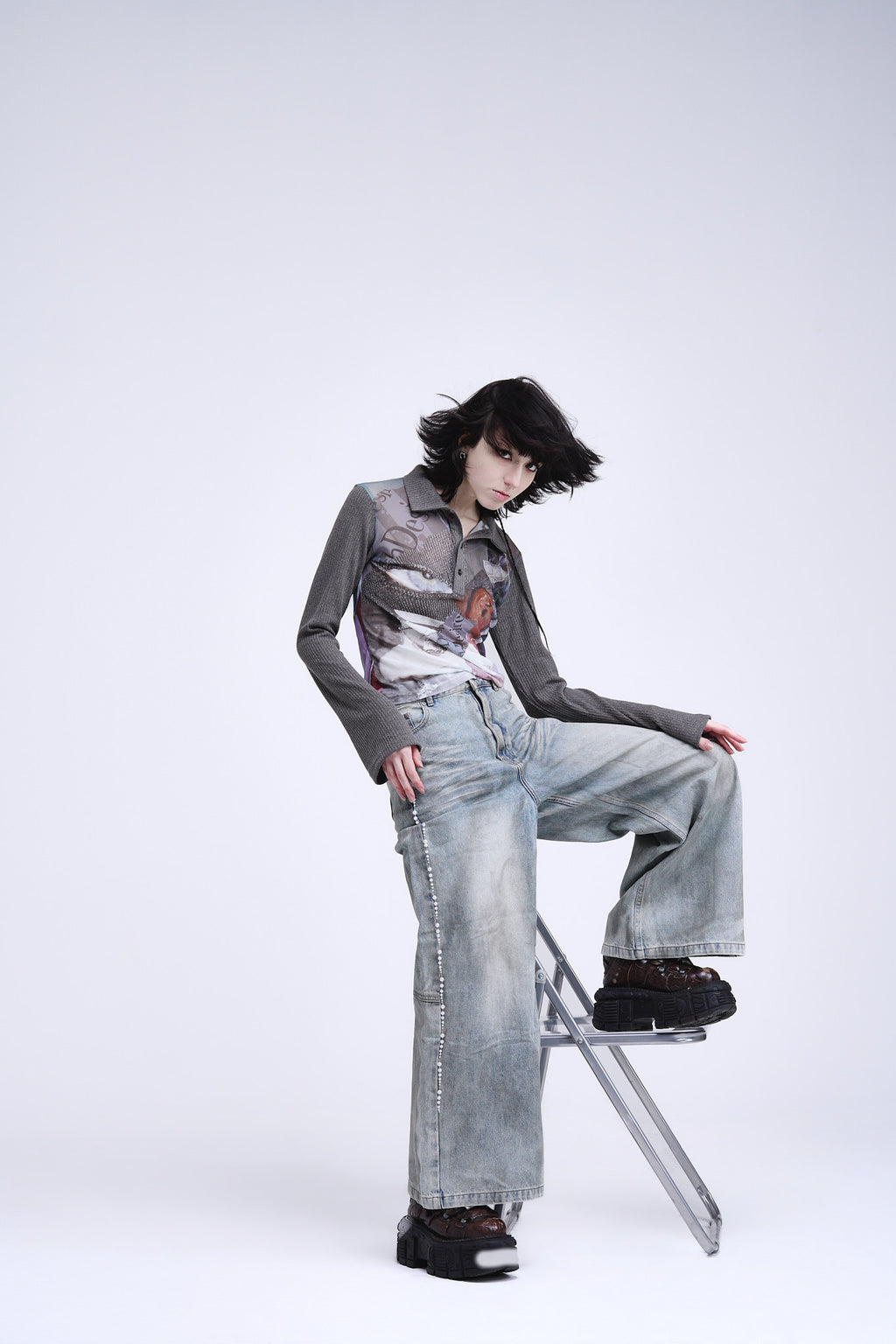 Distressed Pearl-Embellished Pants