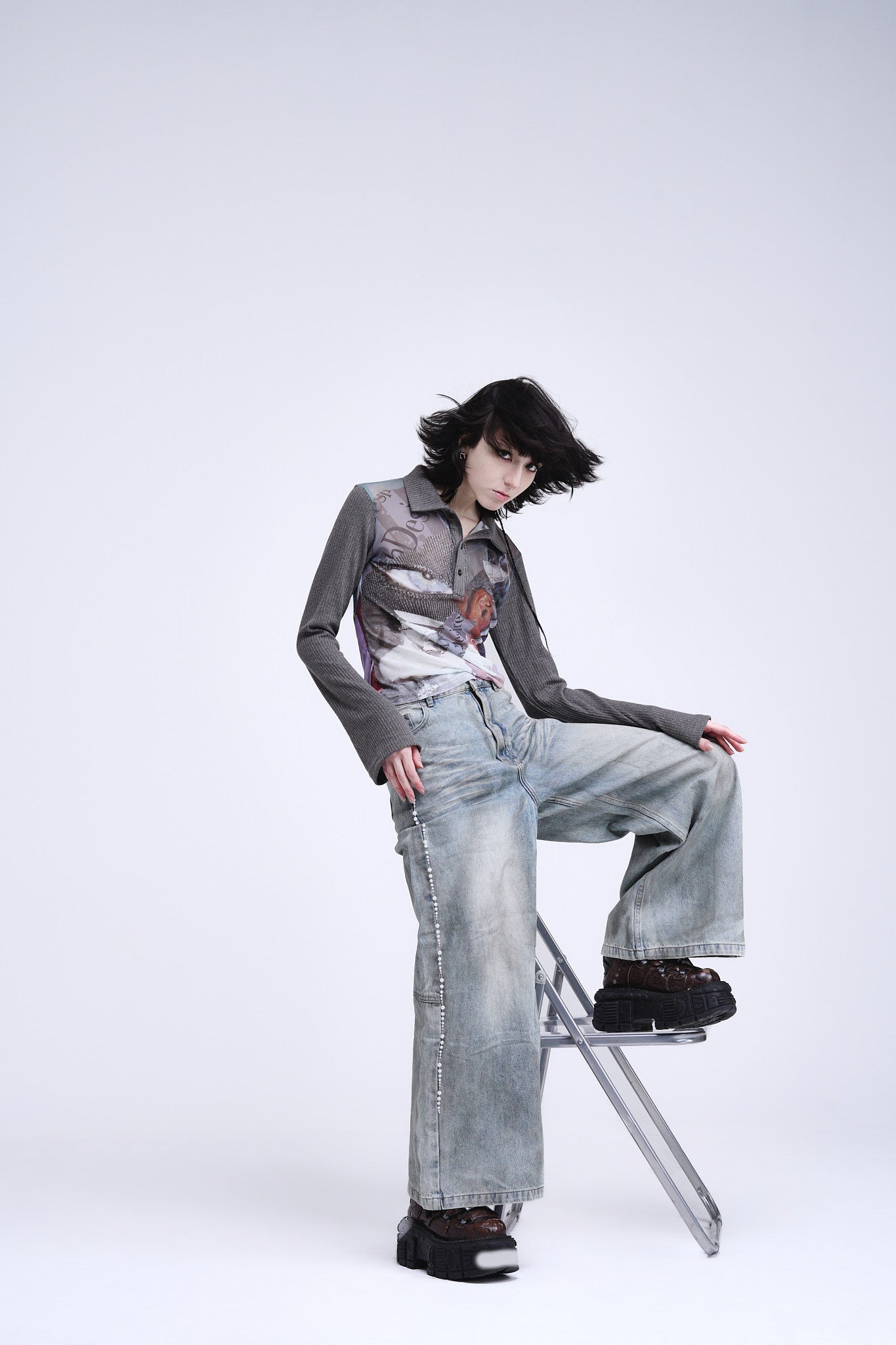 Distressed Pearl-Embellished Pants