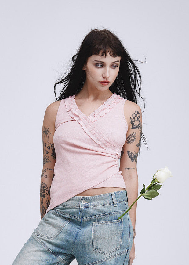 Sleeveless Ruffle-Trim Knit Top